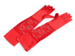 Dlouhé společenské rukavice saténové s krajkou, barva 3 červená