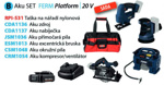 Ferm aku sada nářadí B, taška RPI-531, přímočará pila JSM1036, excentrická bruska ESM1013, okružní pila CSM1048, kompresor CRM1054, zdroj 2.0Ah CDA1136, nabíječka CDA1137