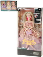 Panenka blondýnka plesové šaty se třpytkami s kabelkou dlouhé vlasy